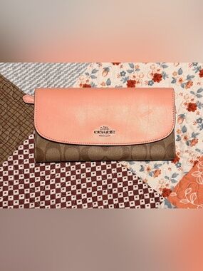 Coach Signature Canvas & Pink Leather Snap Wallet Checkbook Wallet